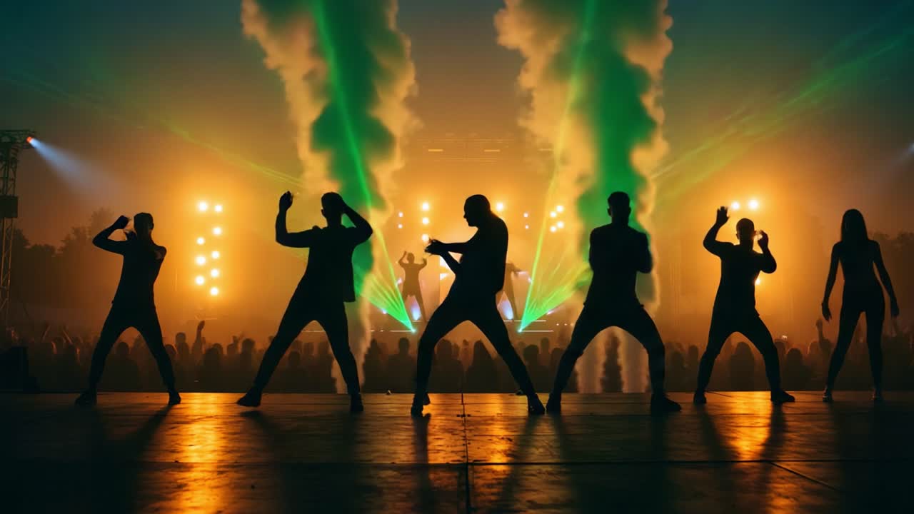 Dynamic Dance Performance Amidst Spectacular Lights and Smoke Effects Captivating the Audience in an Electric Atmosphere