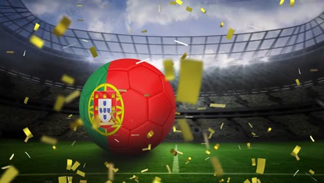 animation of flag of portugal over football on stadium