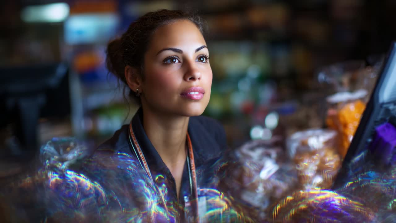 A Thoughtful Employee in a Bustling Store: Capturing a Serene Moment Amidst the Daily Rush with Vivid Colors and Delicate Shadows Enticing Viewers to Reflect on Their Own Experiences
