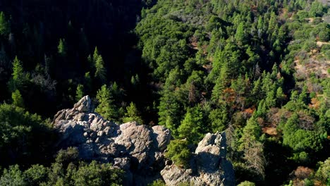 retracción aérea en círculos del acantilado rocoso en montañas boscosas