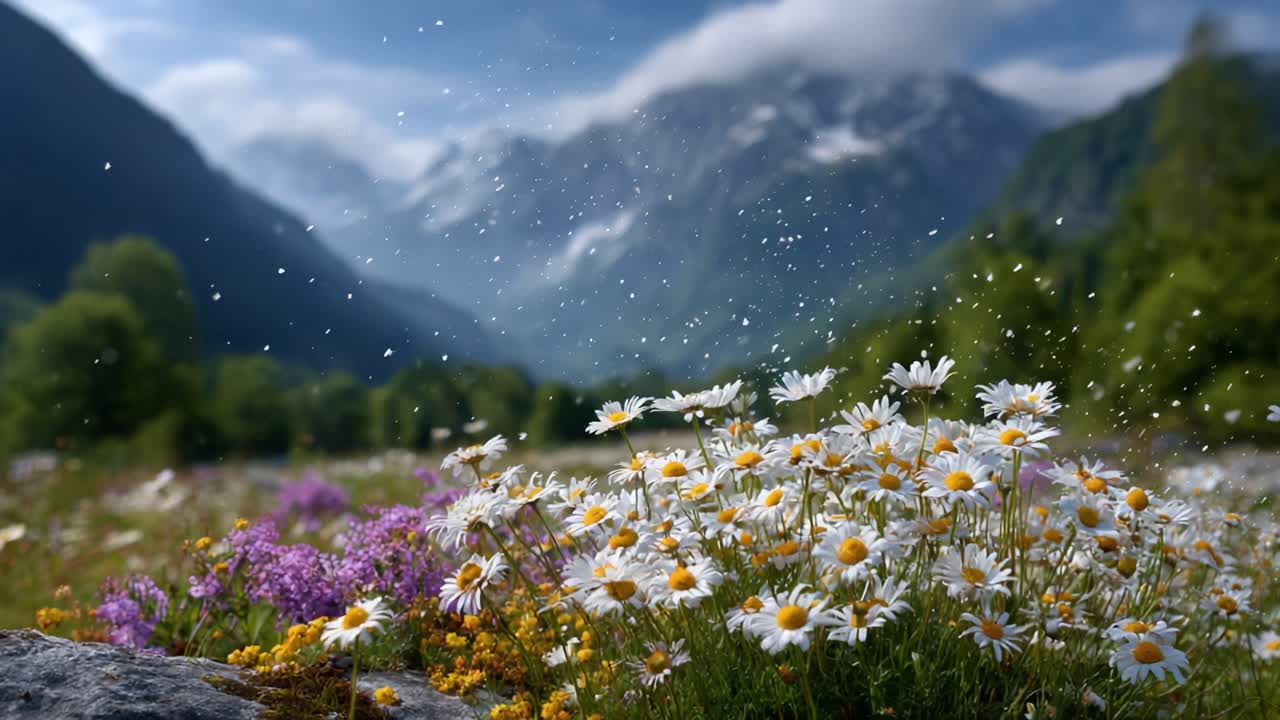 A Stunning Scenic View of Wildflowers and Majestic Mountains Under a Soft Mist, Capturing the Beauty of Nature with Fresh Blooms and Lush Greenery