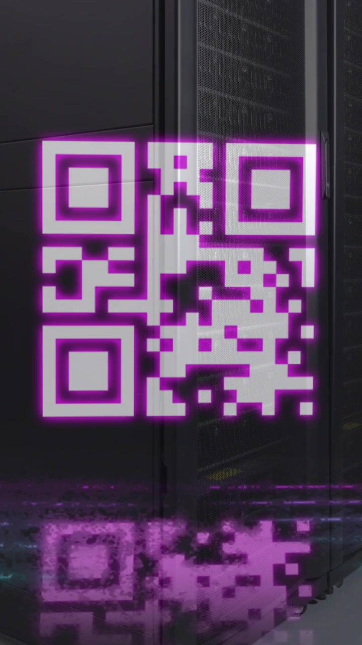 Animation of neon qr code scanner against computer server room