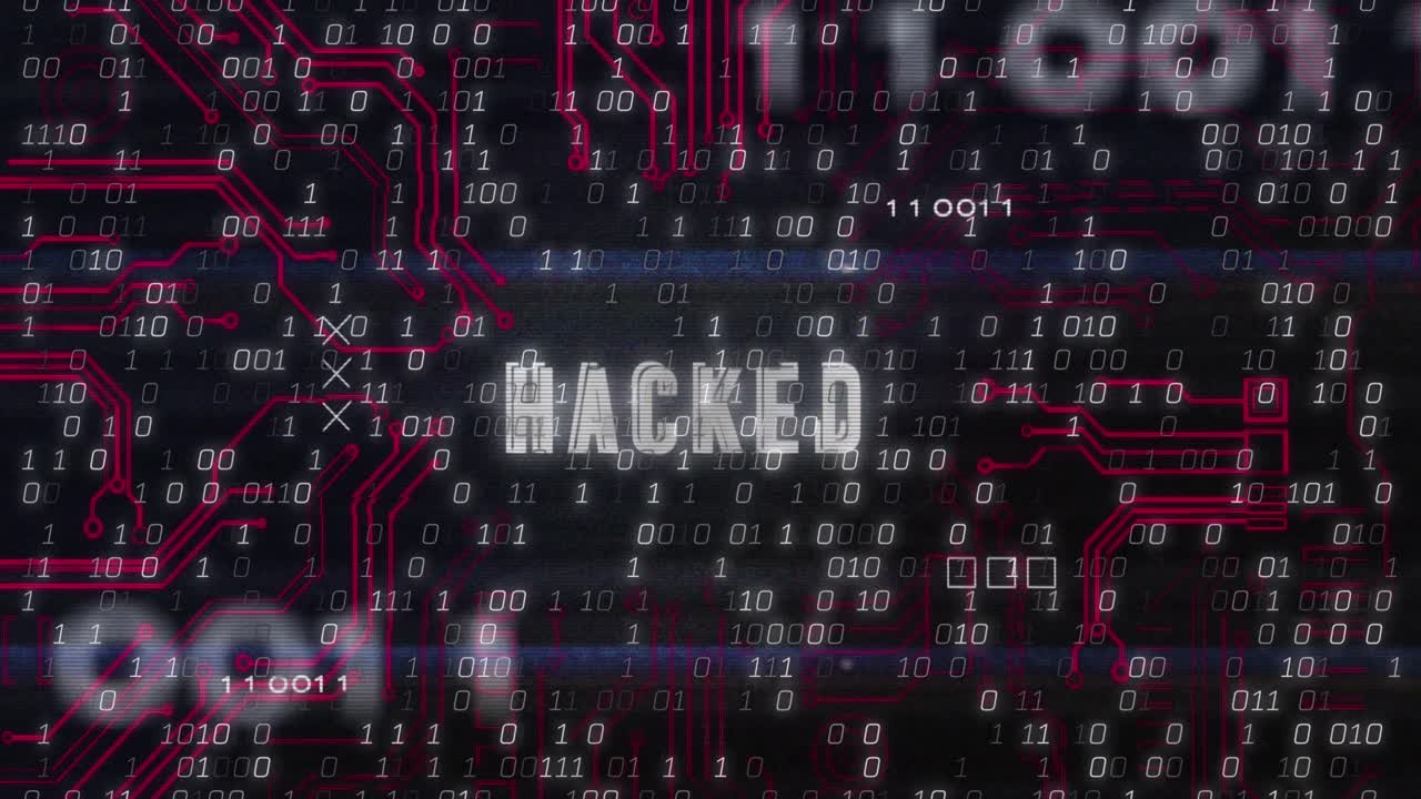 animación de texto hackeado, codificación binaria y procesamiento de datos sobre un fondo oscuro.