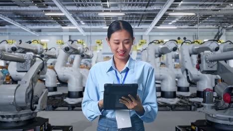 mujer usando una tableta en una fábrica automatizada con robots