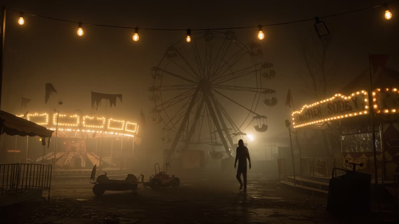 A Mysterious Figure Strolls Through an Abandoned Carnival, Surrounded by Eerie Lighting and Unsettling Atmosphere Amidst Rusty Rides and Overgrown Attractions