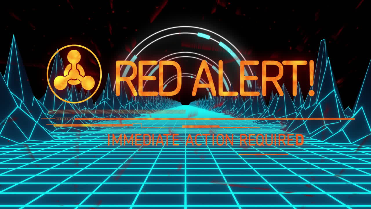 Red Alert text glowing orange on futuristic grid, animation for urgent action