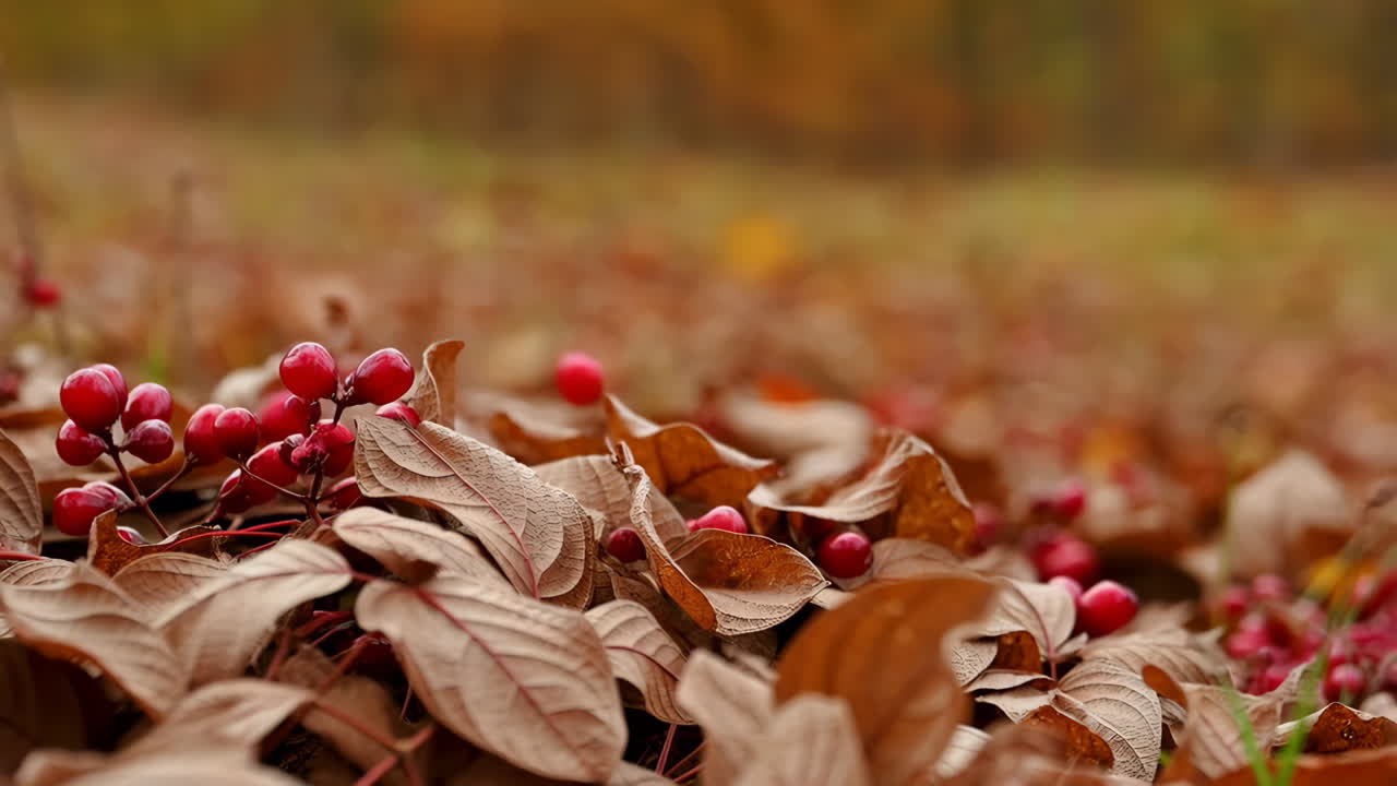 Autumn Berries and Fallen Leaves on the Forest Floor