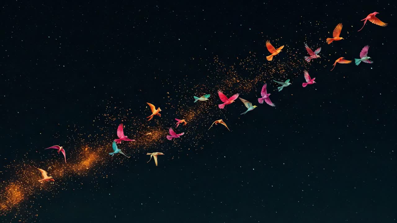 A Vibrant Journey: Colorful Birds in Motion Against a Starry Sky, Creating a Trail of Sparkling Stardust, Celebrating Nature's Beauty and Freedom