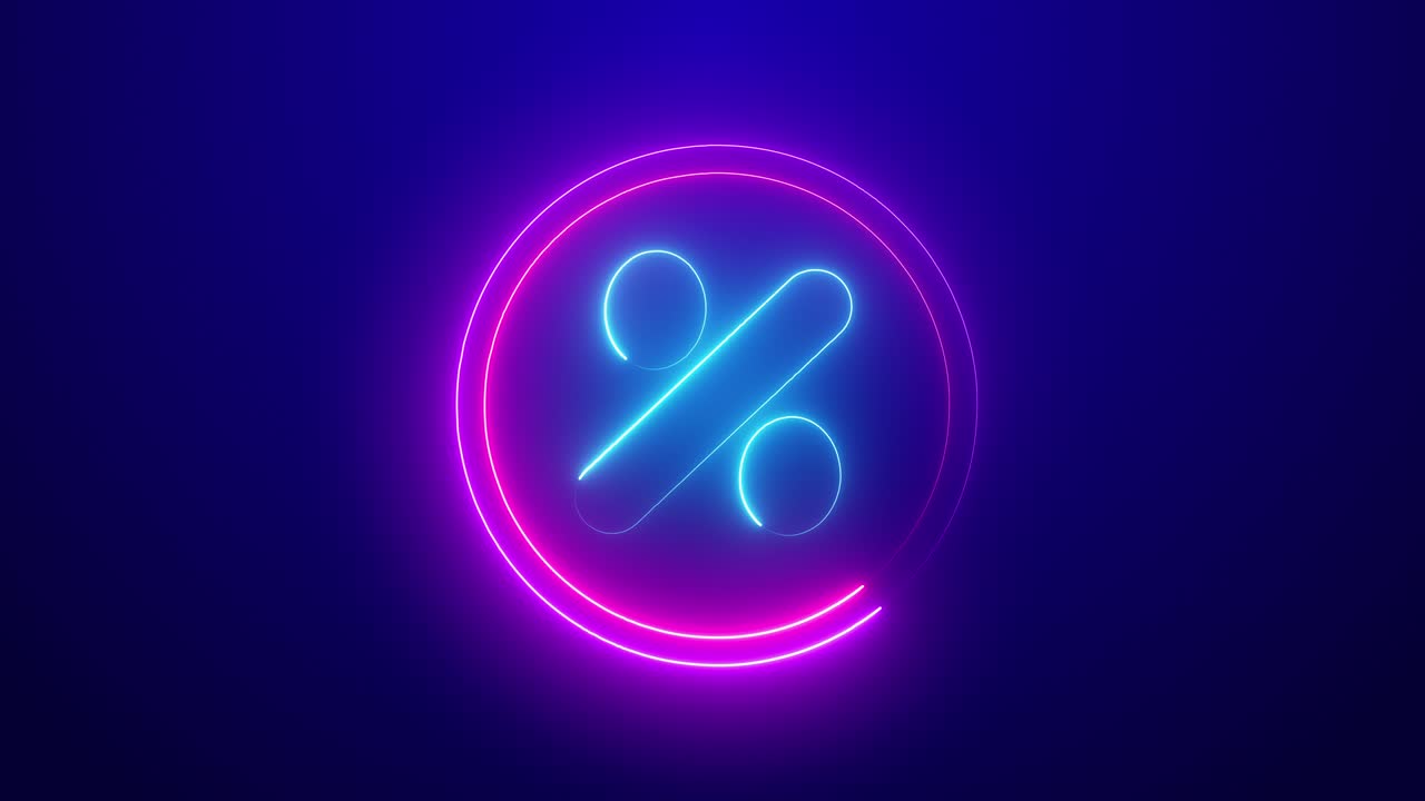 Neon discount motion graphic icon on the dark blue background