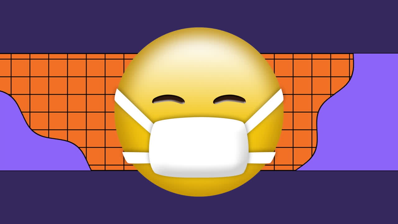 그래픽 배경 위에 얼굴 마스크를 착용한 이모지 애니메이션