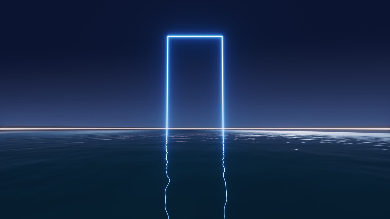 빛나는 네온 선과 물 표면 배경, 3d 렌더링