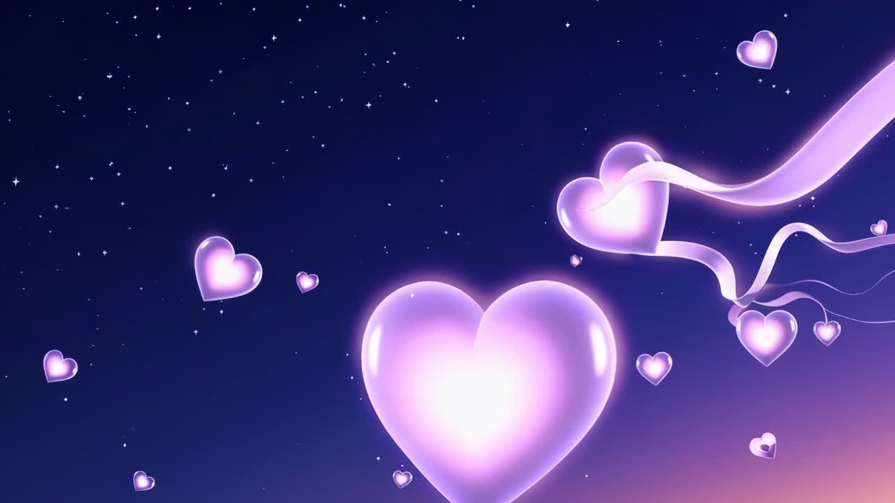 Glowing Purple Hearts in a Starry Night Sky