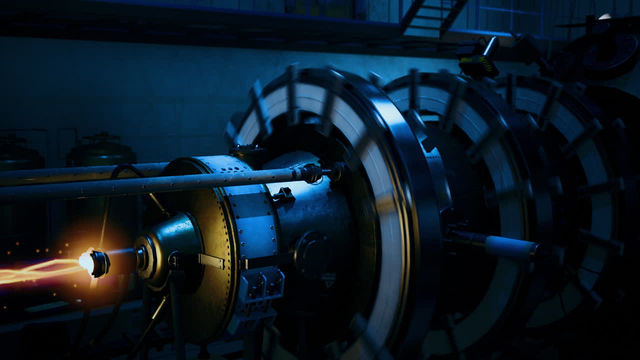 Exploring a high tech turbine in a dark industrial workshop