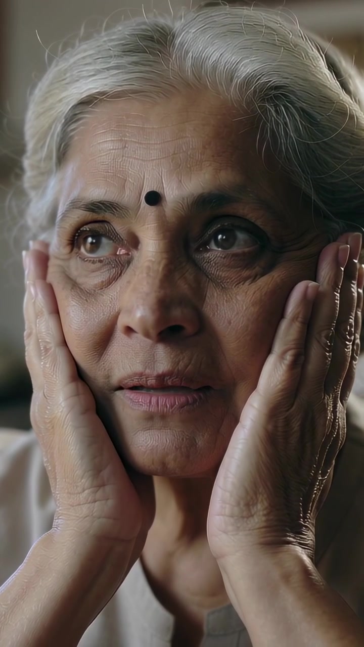 Vídeo vertical: Mulher indiana idosa com bindi e kurta, segurando o rosto com as palmas das mãos em casa