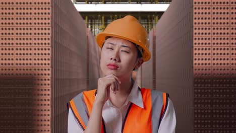 close up of asian female engineer with safety helmet thinking about something and looking around while standing with red brick packed in stacks are stored