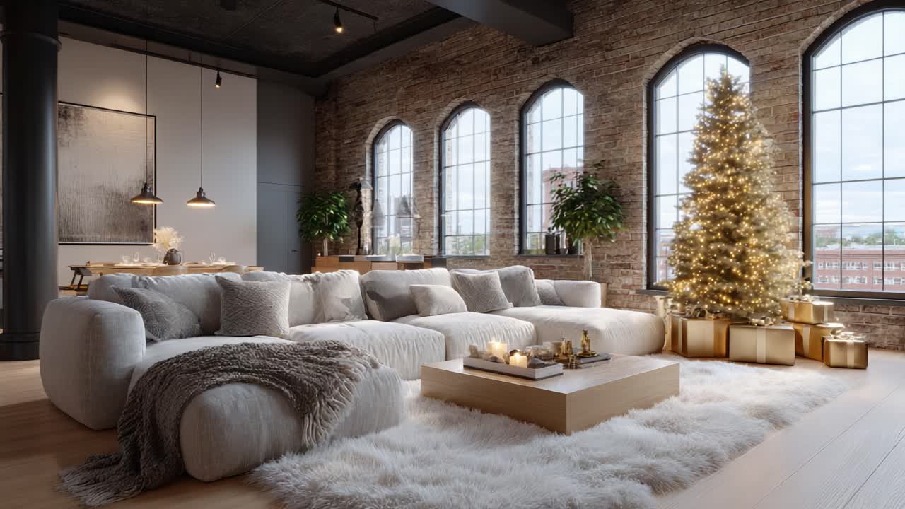 A Cozy Winter Living Room Featuring a Plush Sofa, Elegant Christmas Tree, and Charming D?cor, Perfect for Holiday Gatherings and Seasonal Cheer