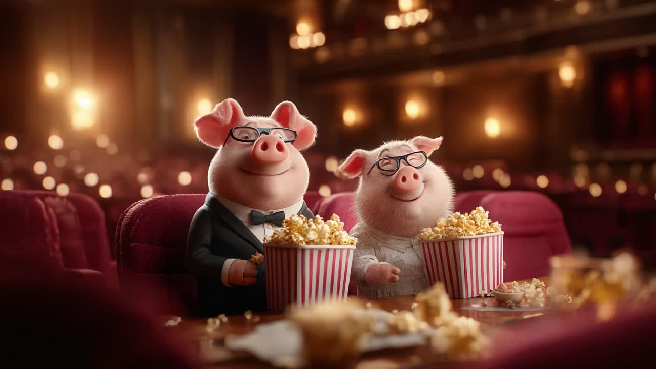Two animated pigs enjoying a movie experience in a lavish theater, sitting comfortably in their seats with popcorn, capturing a delightful cinematic moment