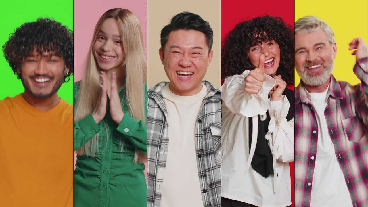 웃는 행복한 사람들의 콜라지 남자 여자 성공을 축하하는 게임 승리 좋은 긍정적 인 소식