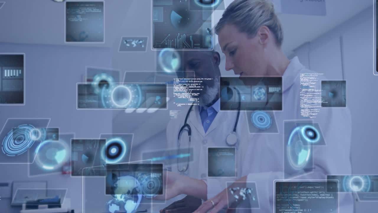 animación del procesamiento de datos sobre diversos médicos hablando