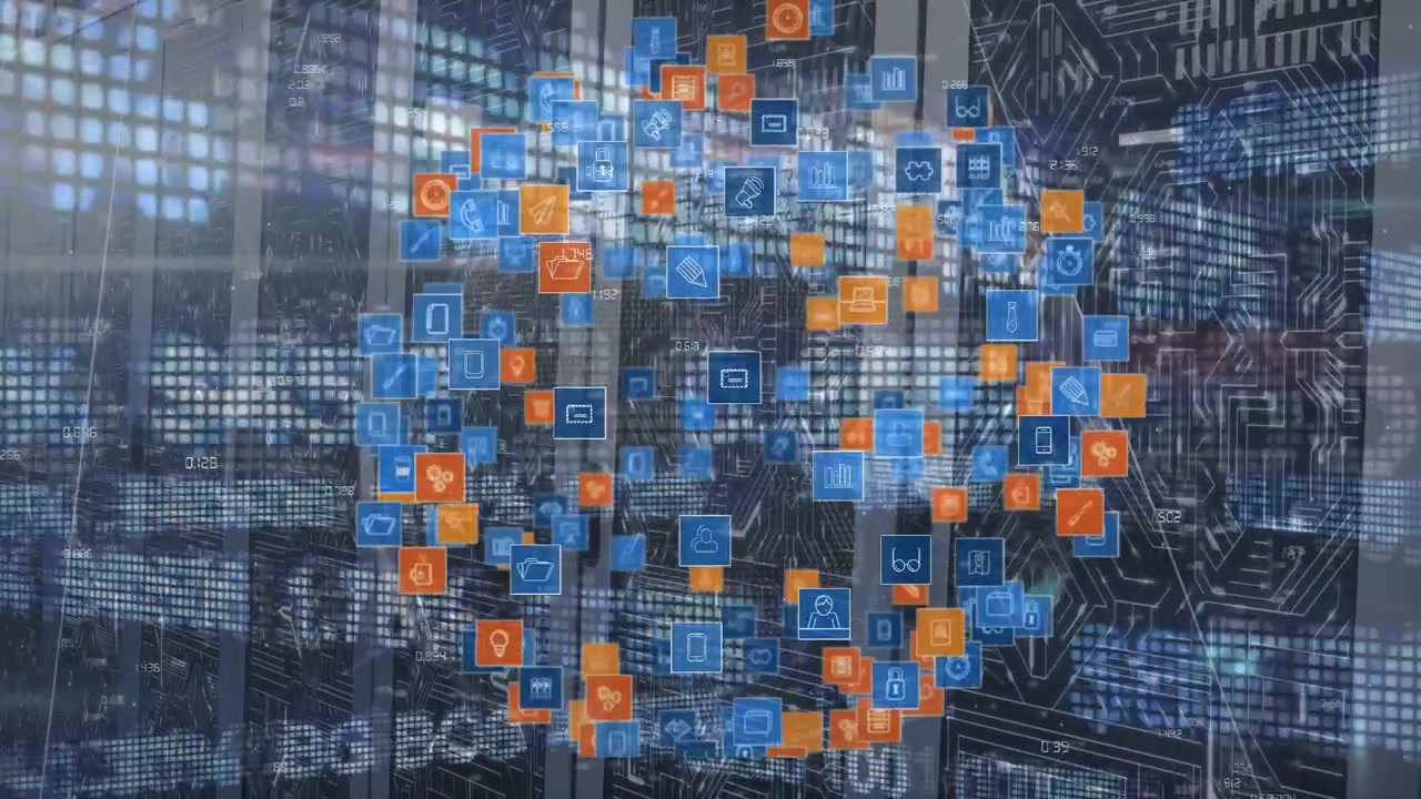 Digital Sphere of Icons Overlaid on Server Room Background