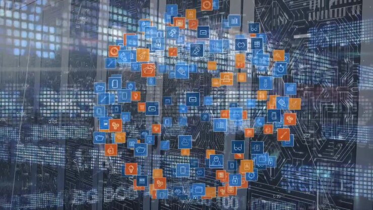 Digital Sphere of Icons Overlaid on Server Room Background