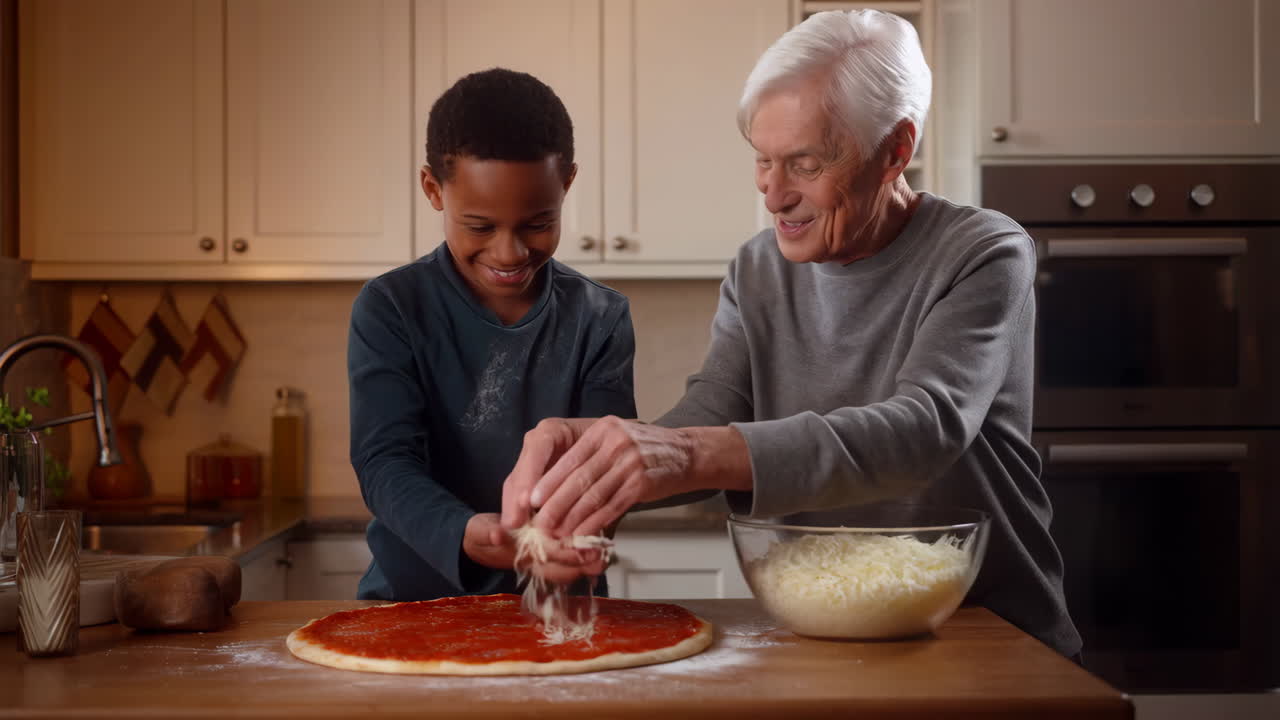 Nonno e nipote che preparano la pizza insieme