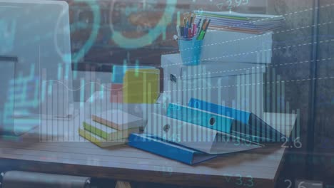 animación de gráficos y gráficos procesamiento de datos sobre papelería y computadora en el escritorio