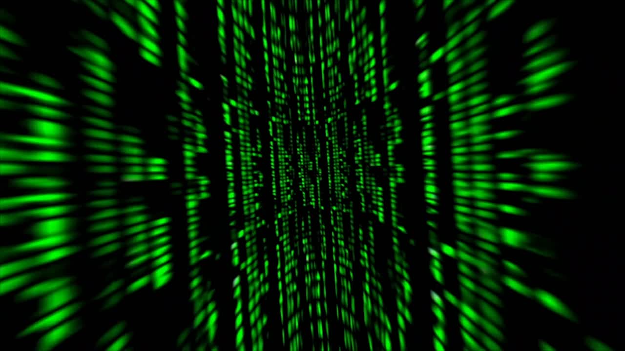 Abstract Green Digital Code Flowing Through a Virtual Grid