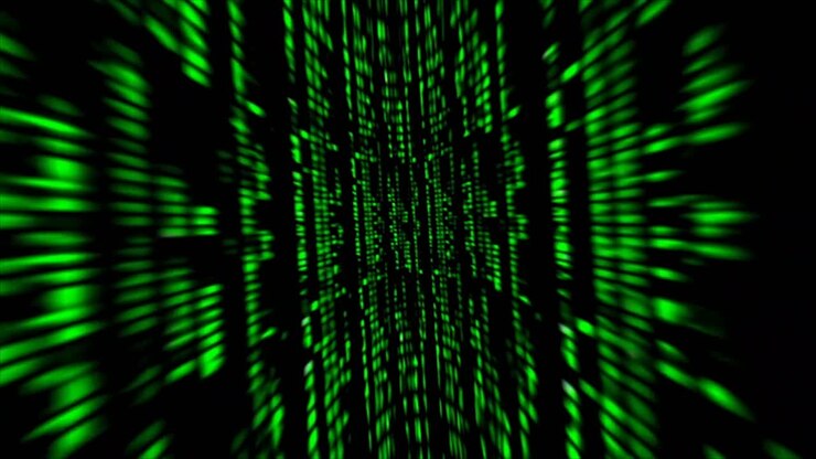 Abstract Green Digital Code Flowing Through a Virtual Grid