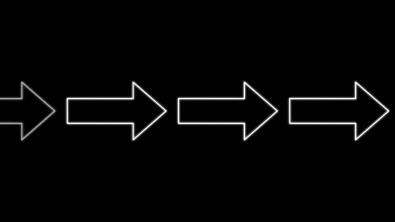 White outlined arrow expands horizontally in smooth steps across black background, linear animation, minimal style
