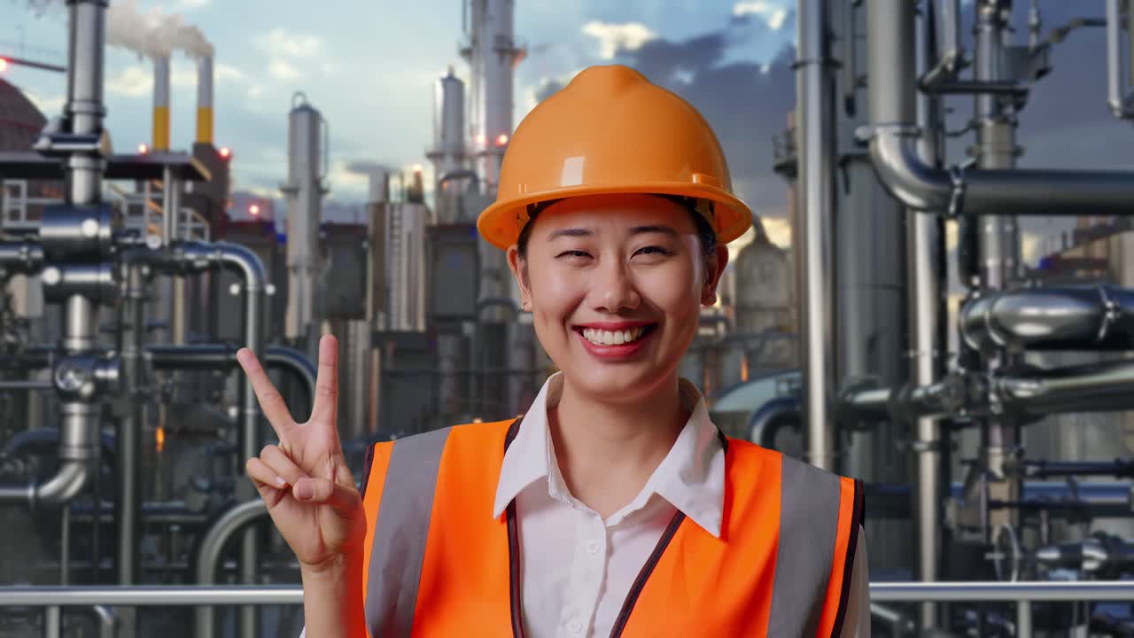 Close Up Of Asian Female Engineer With Safety Helmet Smiling And Showing Peace Gesture While Standing In a Refinery, Oil Processing Equipment And Machinery