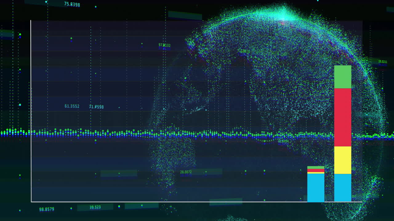 Animating digital globe with data points and bar graphs, showcasing global analytics