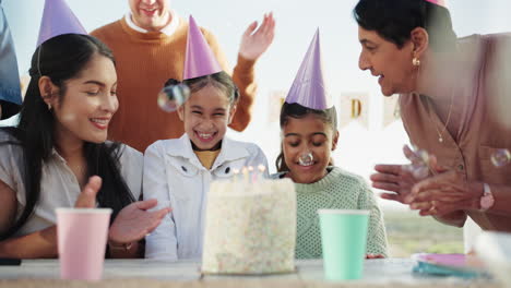 candles, cake and girl in park for birthday