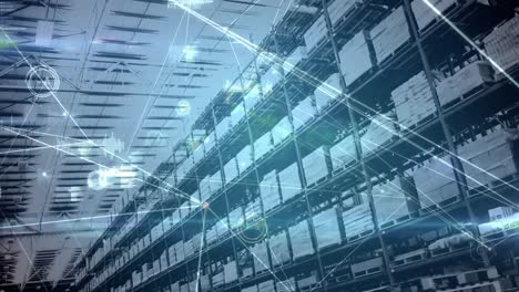 animation of network of connections over shelves in warehouse