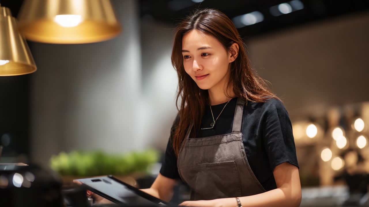 A Focused Young Woman in an Elegant Café Setting, Engaged in Her Work with a Menu in Hand, Illustrating the Essence of Hospitality and Dedication in a Warm Atmosphere