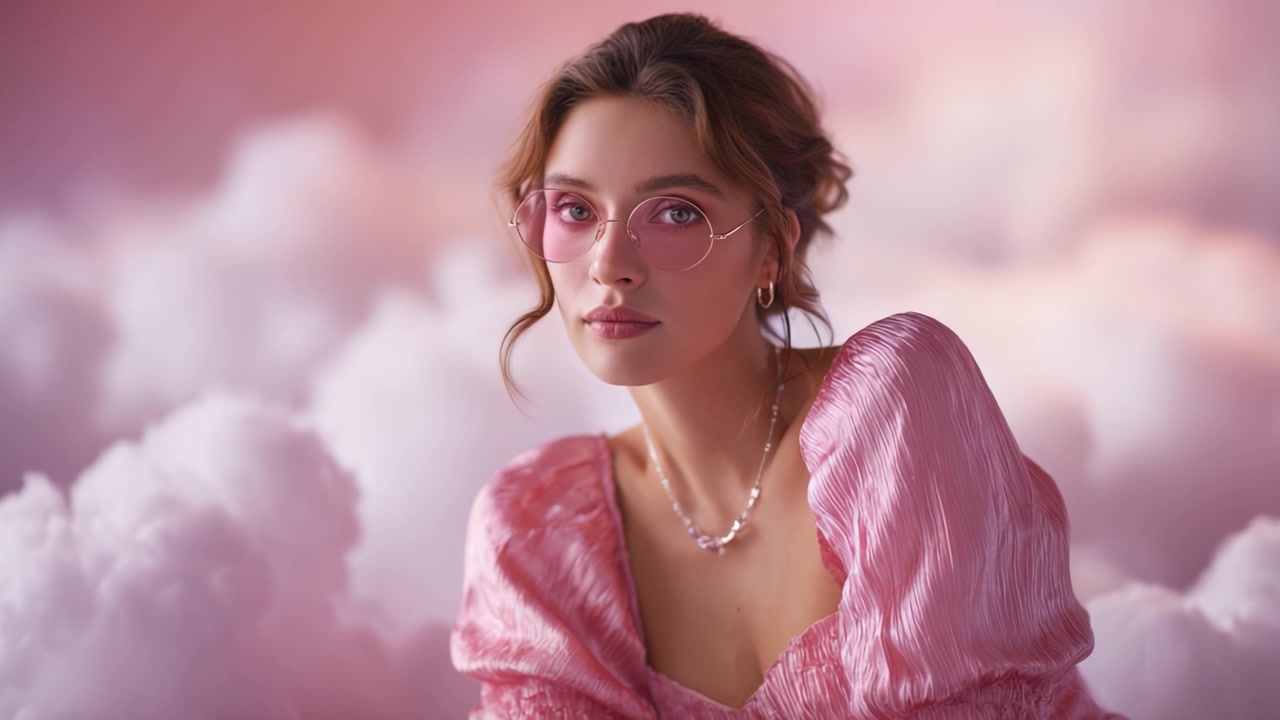 Un portrait onirique d'une jeune femme en tenue rose, portant des lunettes élégantes, sur un fond fantaisiste de nuages roses doux, capturant une élégance éthérée