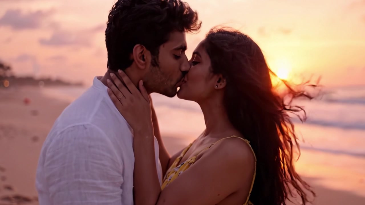 A Captivating Sunset Embrace: A Romantic Moment Between Two Lovers on the Beach, Capturing the Essence of Love and Connection Against a Beautiful Sunset