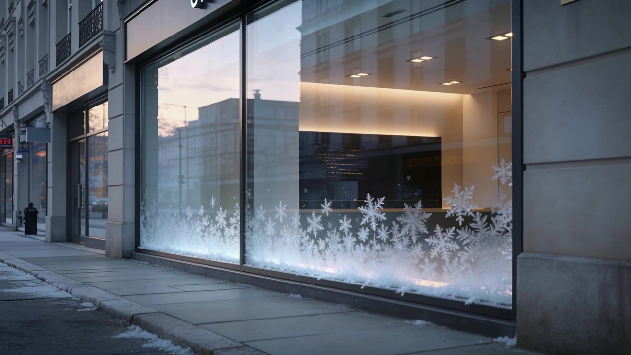 Moving camera slowly along city street, showing storefront window with snow decals to reveal facade