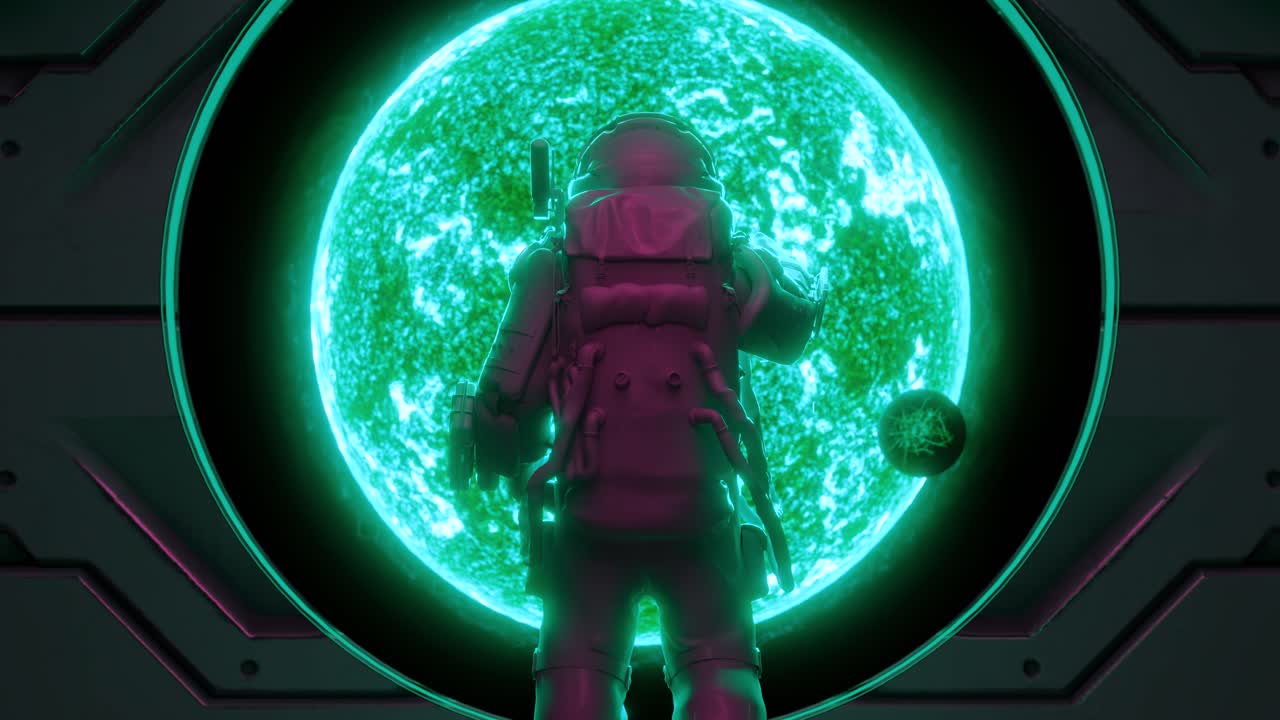 Astronaut observing green sun from spaceship window