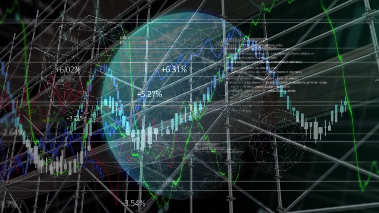 현대 건물 위에 변화하는 숫자와 지구를 가진 여러 그래프의 애니메이션