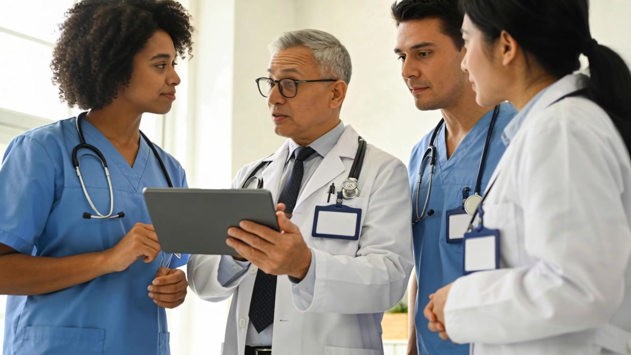 Reviewing senior doctor holding tablet and guiding clinic team, confirming plan with lab coats