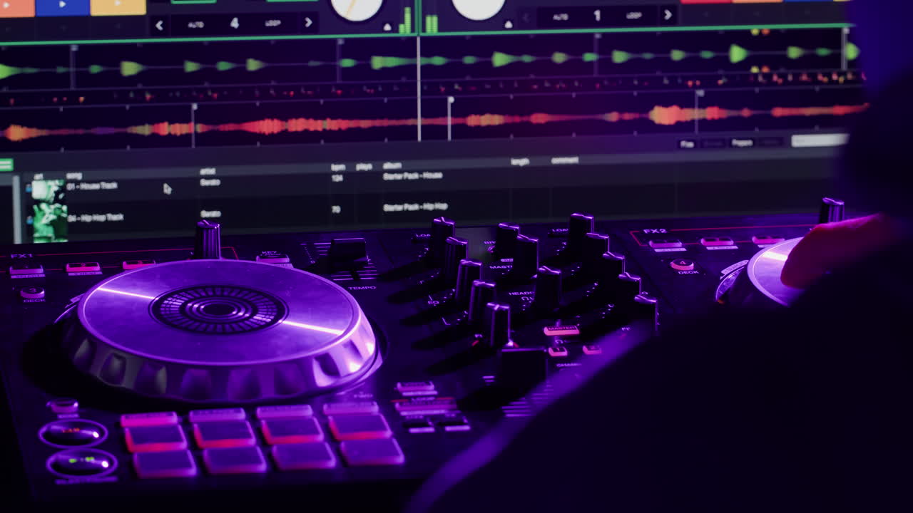 DJ with headphones and sunglasses playing music on festival in night club. Techno musician performing at nightclub for concert crowd of people, city bar.