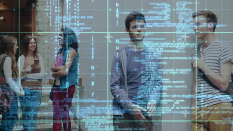 animation of data processing over caucasian students talking