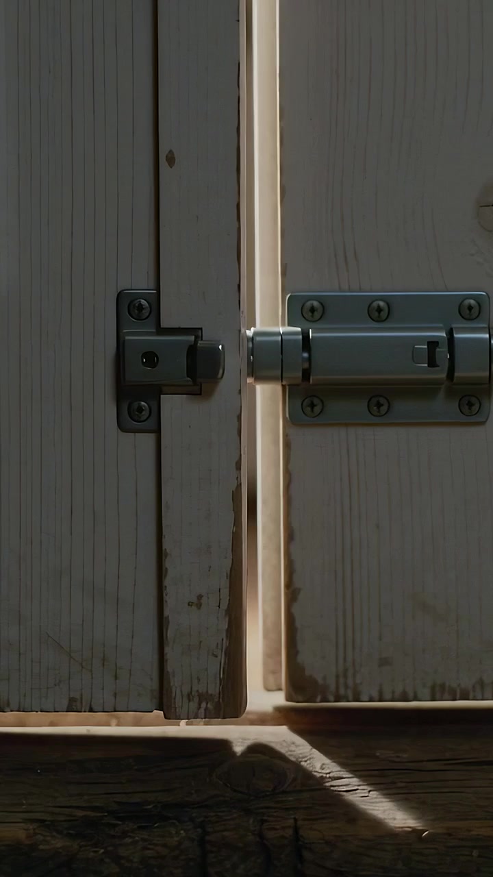 Vertical video: Swinging left panel closing lower doors at house sill, aligning bolt to lock
