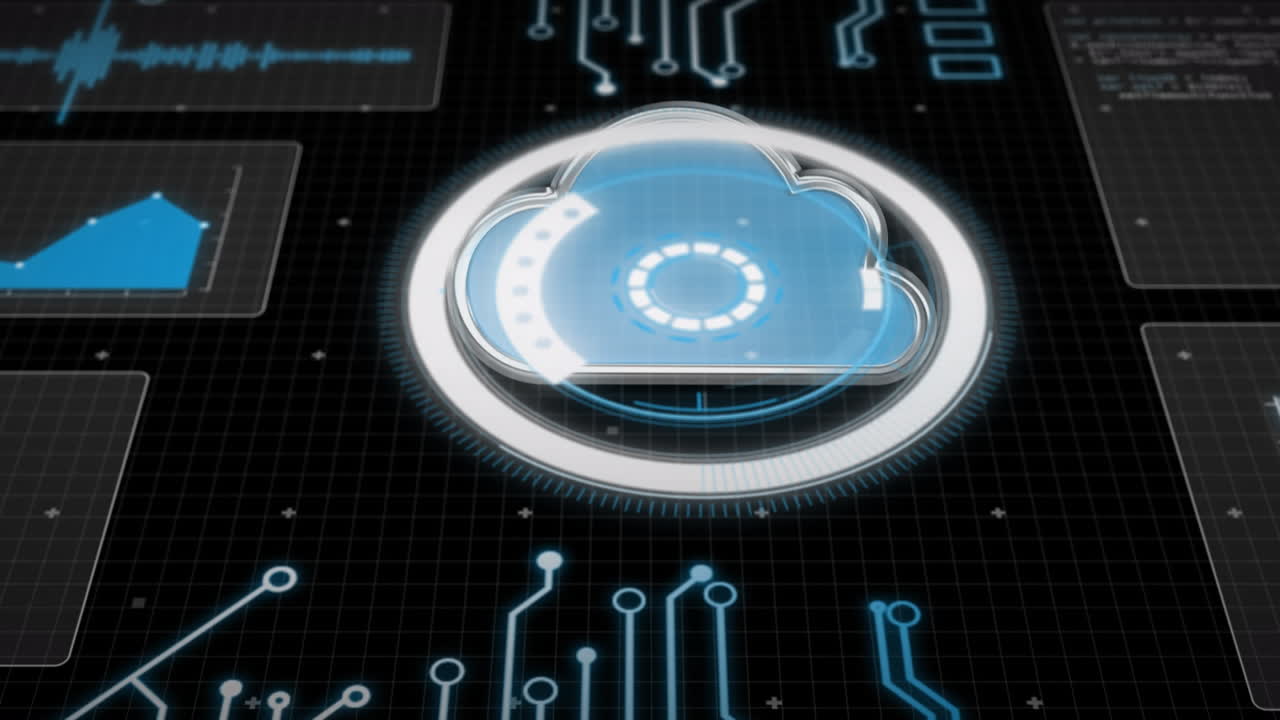 Animation of arc reactor, cloud, graphs, computer language and globe over black background