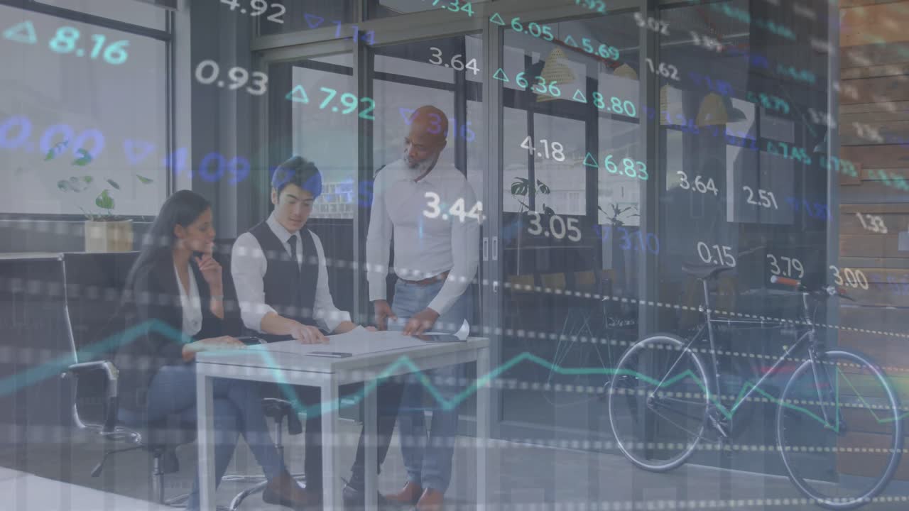 Animation of graphs and trading board over diverse architects discussing blueprint