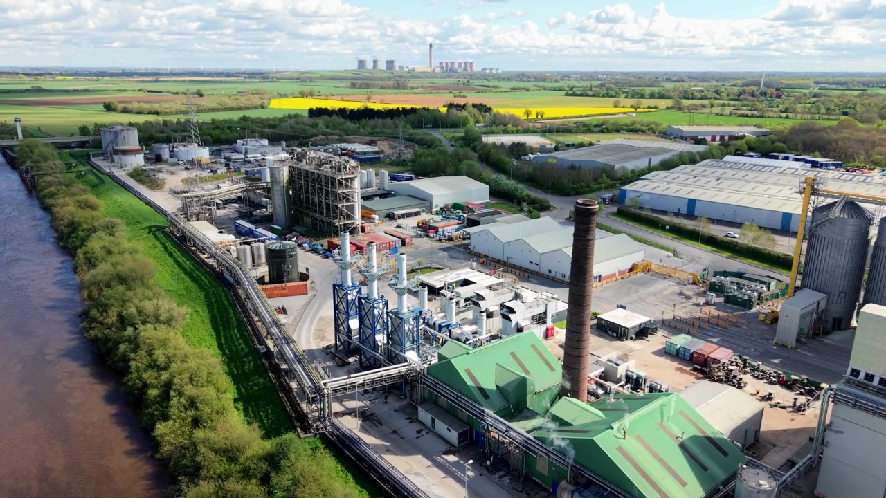 Top Down Aerial View of Food Processing Factory Roofs and Silos in Selby
