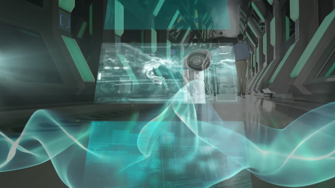 animación del procesamiento de datos financieros sobre personas de negocios caminando