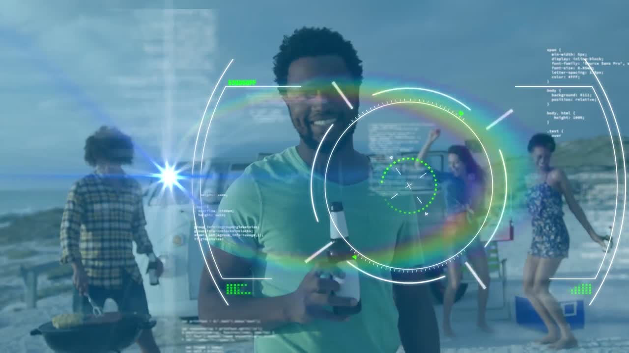 Animation of digital screen over happy african american friends on beach