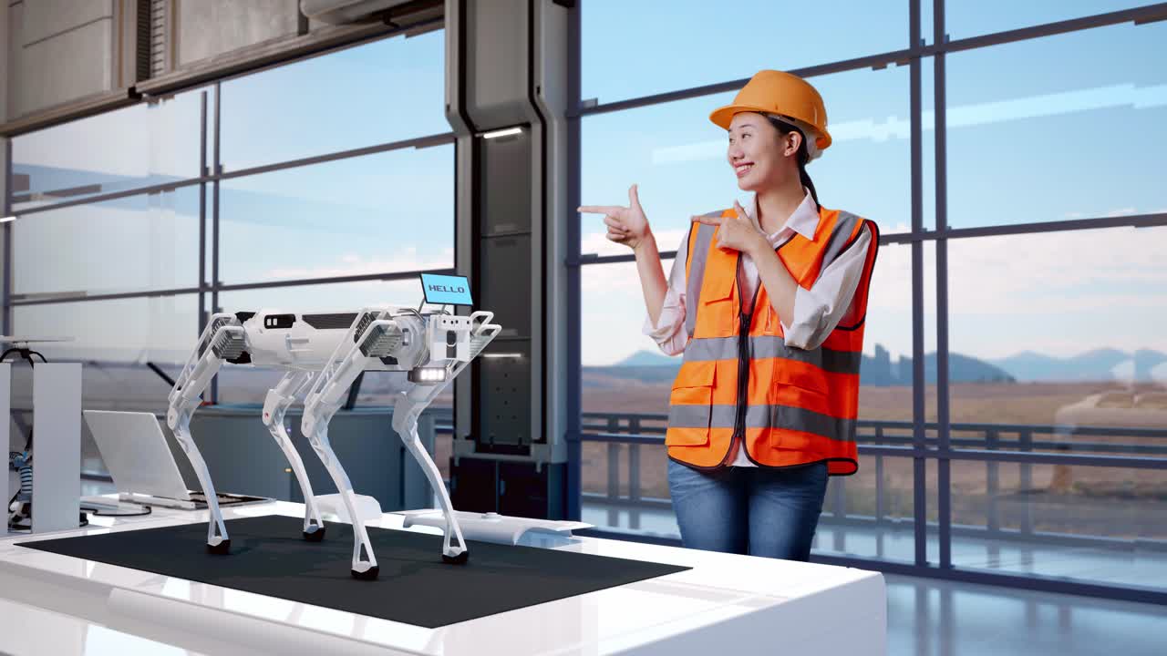 corpo pieno di ingegnere donna asiatica con casco di sicurezza sorridendo e indicando a lato mentre si trova in una fabbrica ad alta tecnologia, analizzando il concetto di macchina robotica